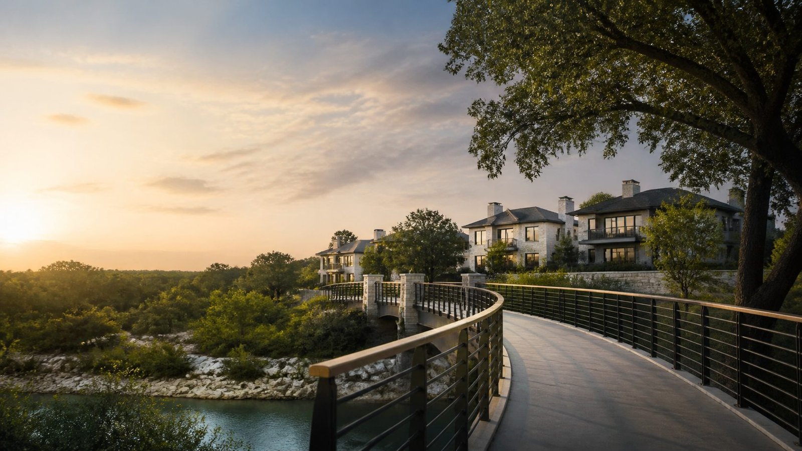 A bridge leading toward a thriving Texas neighborhood
