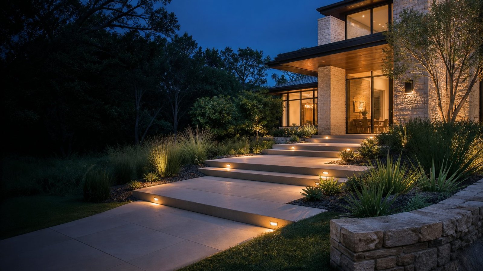 An illuminated path leading to a modern Texas home